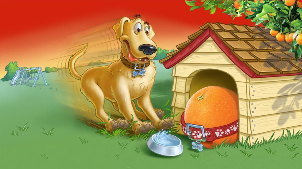 Mick McGinty illustration of dog surprised by orange inside his dog house