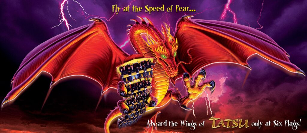 Six Flags Magic Mountain Branding - Brochure Spread introducing the Tatsu Ride "Fly at the Speed of Fear"